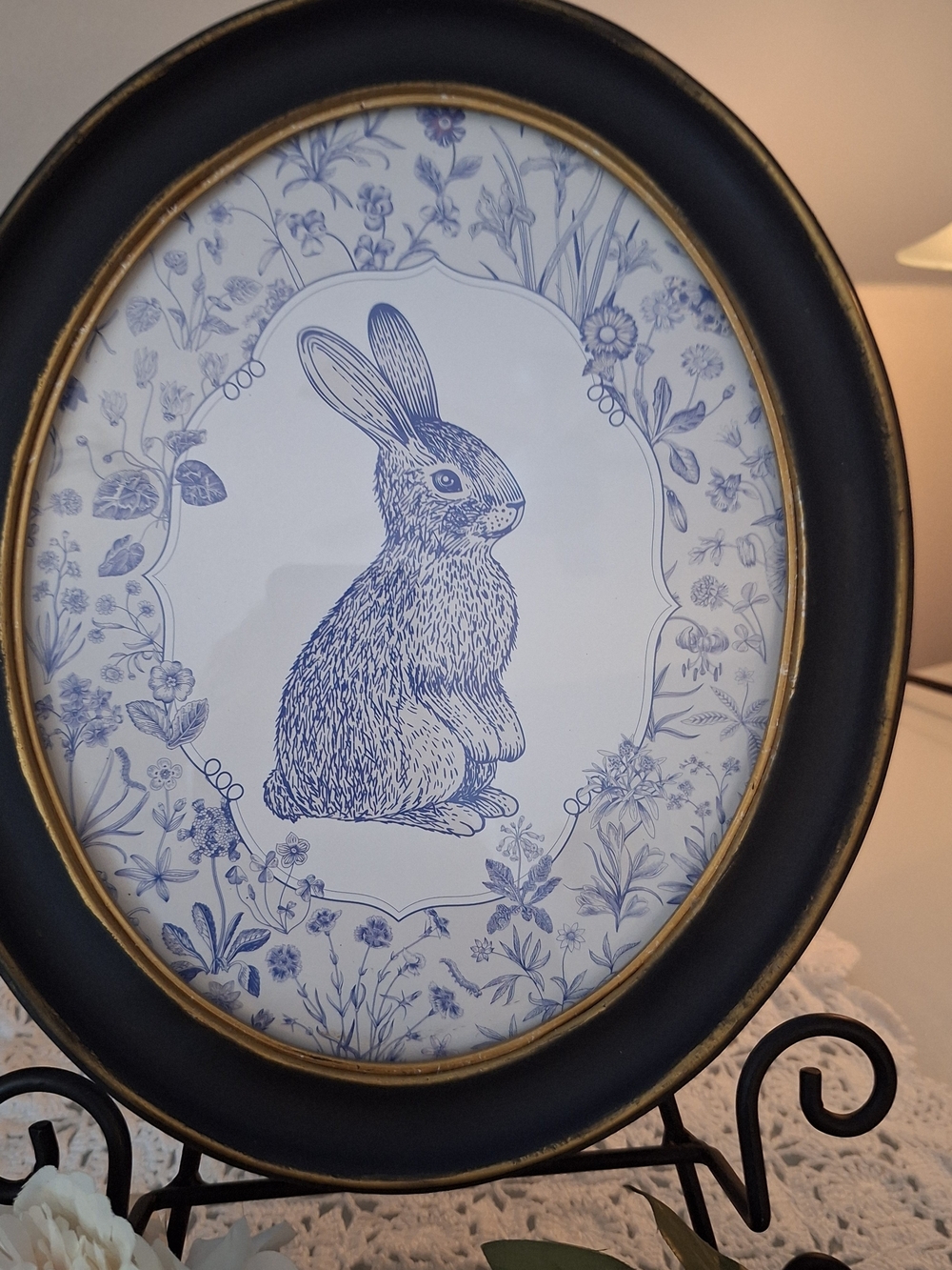 Vintage-Style Blue Rabbit Art Print in Black Frame - Unbranded